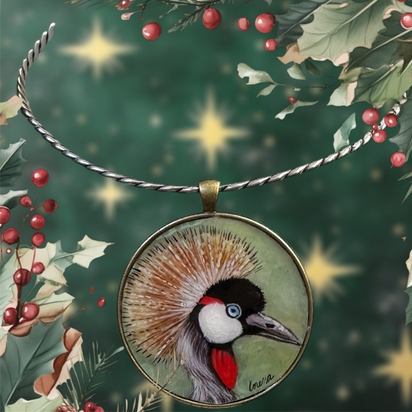 OOAK African crowned crane handpainted pendant brass bezel 16” black chain - Picture 5 of 9